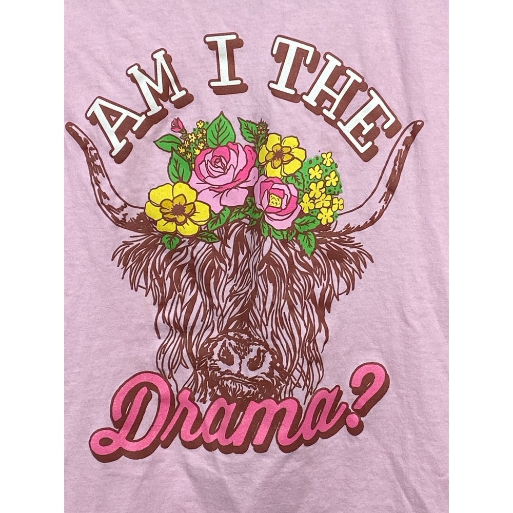 Farm Fed Clothing Am I The Drama Highland Cow Floral Pink Graphic Tee Large - Picture 2 of 4